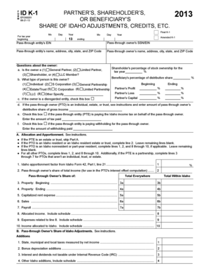Idaho Form K-1 Partner's Share