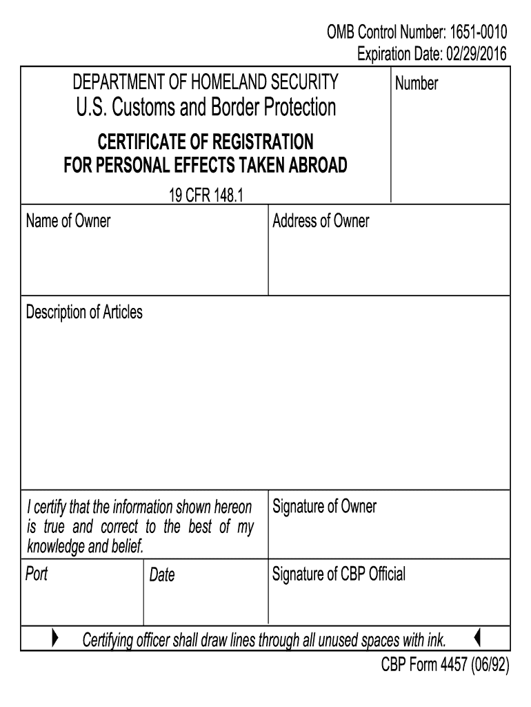 cbp form 4457 pdf Preview on Page 1