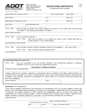 Arizona Driver License Revocation Certificate