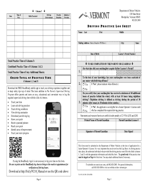 Vermont Driving Practice Log Sheet
