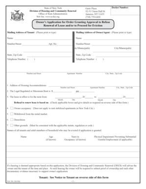 New York Owner's Application for Lease Renewal Refusal