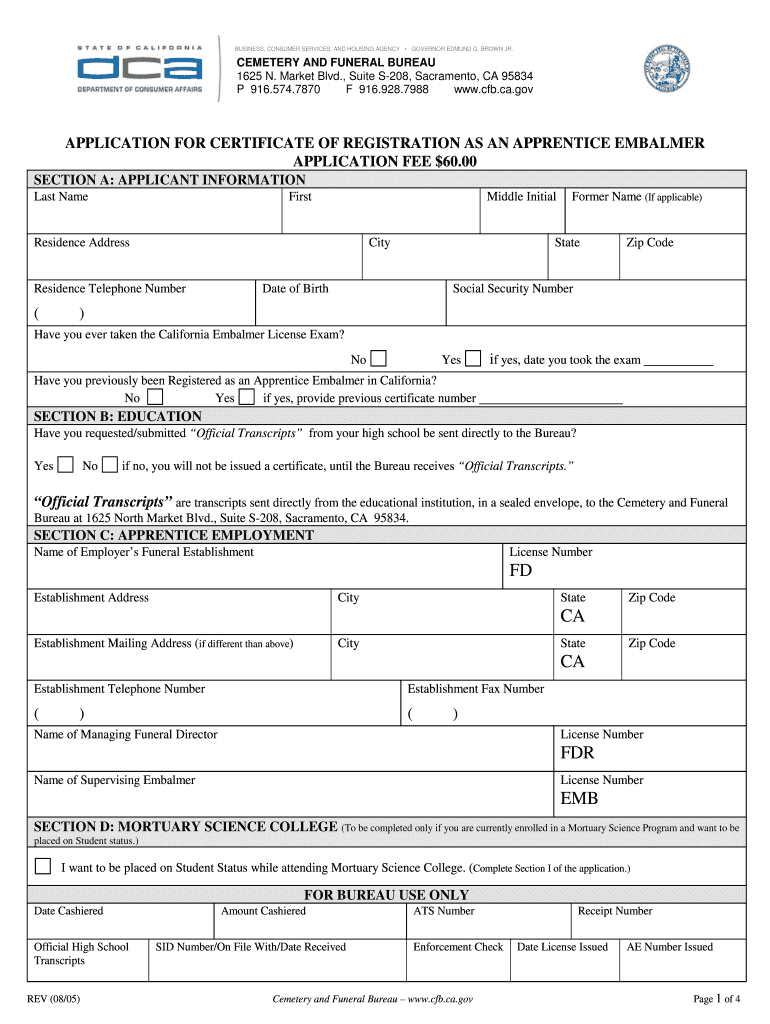 Fillable Online cfb ca Cemetery and Funeral Bureau Application for