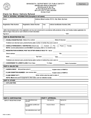 Minnesota Motor Vehicle Refund Claim