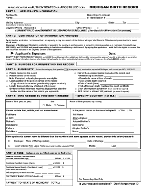 Michigan Birth Record Authenticated Copy Application