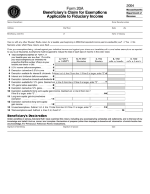 Massachusetts Beneficiary's Claim for Exemptions Form 20A