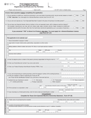 Texas Coin-Operated Machine Registration Certificate and Tax Permit