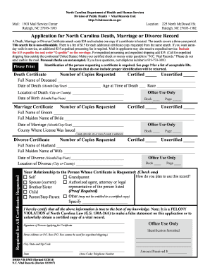 North Carolina Death, Marriage or Divorce Record Application