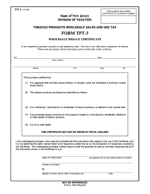 New Jersey Tobacco Products Wholesale Resale Certificate