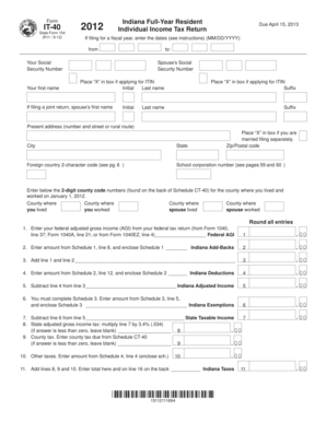 Form IT-40 State Form 154 (R11 / 9-12) Indiana Full-Year Resident Individual Income Tax Return 2012 If - in