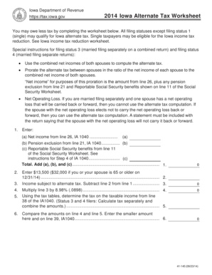 2014 Iowa Alternate Tax Worksheet