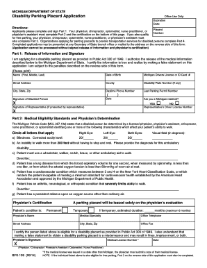 Michigan Disability Parking Placard Application