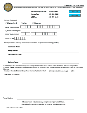 Oregon Business Registration Fax Cover Sheet