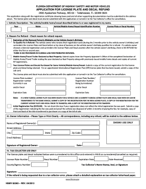 Florida License Plate and Decal Refund Application