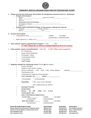 Community Hospital Discharge Order Form for Tracheostomy Patient