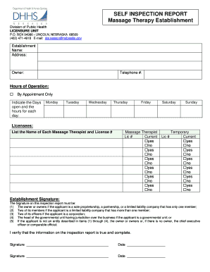 Massage Therapy Establishment Self Inspection Report