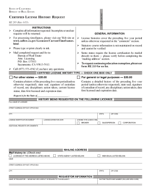 California Certified License History Request