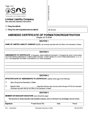 Washington LLC Amendment Certificate
