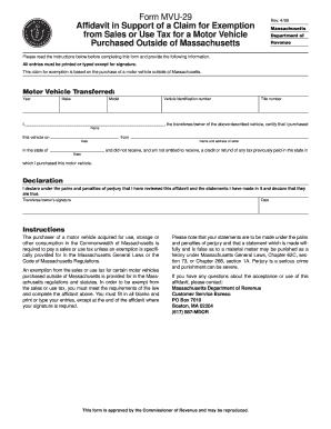 Massachusetts Motor Vehicle Tax Exemption Affidavit