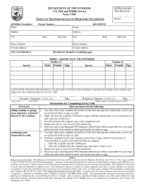 US Fish and Wildlife Service Migratory Waterfowl Transfer Form