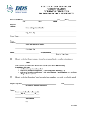 Certificate of Eligibility for Restoration of Driving Privileges