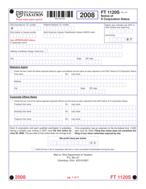 Ohio FT 1120S S Corporation Status Notice