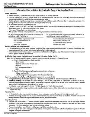 New York State Mail-in Application for Copy of Marriage Certificate