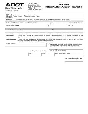 Arizona Disability Parking Placard Renewal/Replacement Request
