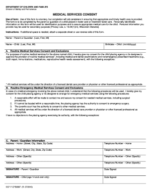 Medical Services Consent Form for Foster Care