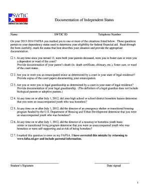 FAFSA Independent Status Documentation Form
