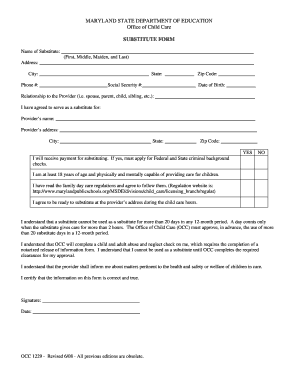 Maryland Substitute Child Care Provider Form