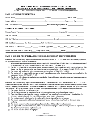 New Jersey Model Employer/Agency Agreement for Unpaid Structured Learning Experiences
