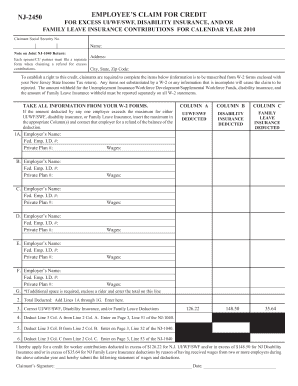 NJ-2450 Employee's Claim for Credit for Excess UI/WF/SWF, Disability Insurance, and/or Family Leave Insurance Contributions