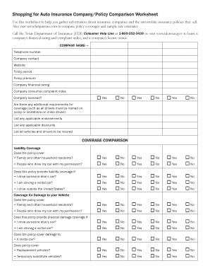 Auto Insurance Policy Comparison Worksheet