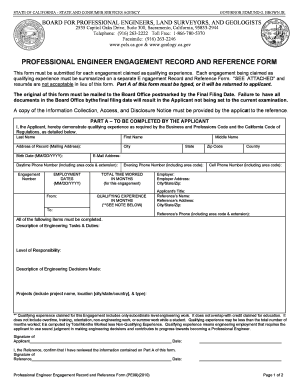 California Professional Engineer Engagement Record and Reference Form