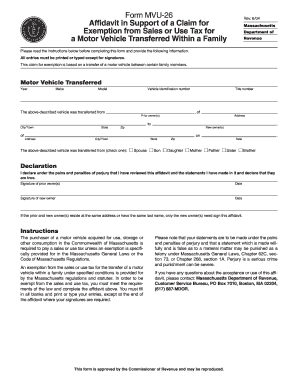 Massachusetts Motor Vehicle Family Transfer Tax Exemption Affidavit