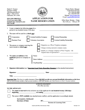 West Virginia Business Name Reservation Application