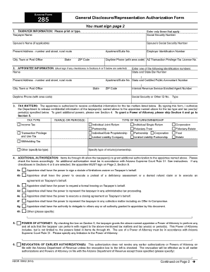Arizona Form 285 General Disclosure/Representation Authorization