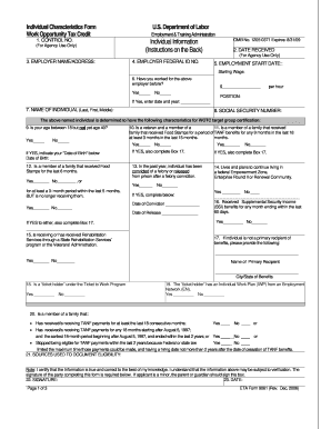 Individual Characteristics Form for Work Opportunity Tax Credit