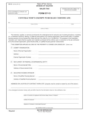 New Jersey Contractor's Exempt Purchase Certificate