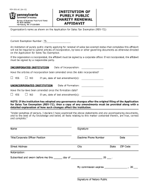 Pennsylvania Charity Sales Tax Exemption Renewal Affidavit