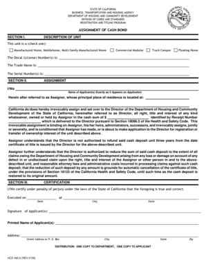 California Assignment of Cash Bond