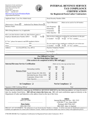 IRS Tax Compliance Certification for Farm Labor Contractors