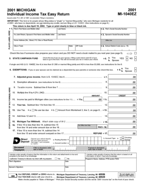 Michigan 2001 Individual Income Tax Easy Return MI-1040EZ