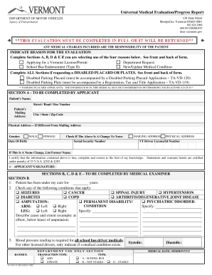 Vermont Medical Evaluation/Progress Report