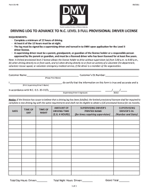 North Carolina Driving Log for Level 3 License