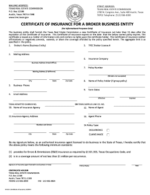 Texas Real Estate Commission Certificate of Insurance