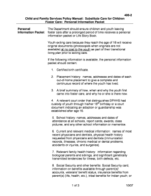 Foster Care Personal Information Packet