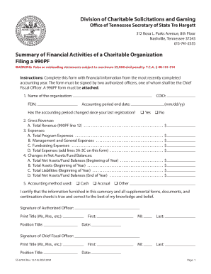 Tennessee Charitable Organization Financial Summary Form