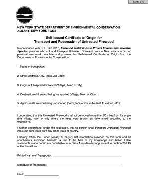 New York Untreated Firewood Certificate