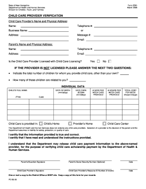 New Hampshire Child Care Provider Verification Form